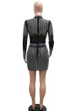 Black Solid Patchwork See-through Slit Hot Drill O Neck One Step Skirt Dresses