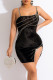 Black Sexy Solid Patchwork See-through Hot Drill Spaghetti Strap One Step Skirt Dresses