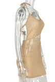Gold Sexy Solid Patchwork See-through Backless Halter One Step Skirt Dresses