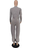 Grey Casual Letter Print Without Belt O Neck Loose Jumpsuits