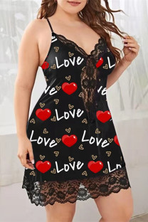 Black Fashion Sexy Letter Print Hollowed Out See-through Plus Size Lingerie