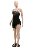 Black Sexy Solid Patchwork See-through Hot Drill Spaghetti Strap One Step Skirt Dresses