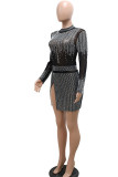 Black Solid Patchwork See-through Slit Hot Drill O Neck One Step Skirt Dresses