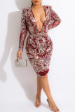 Red Fashion Sexy Patchwork Sequins See-through V Neck Long Sleeve Dresses