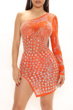 Orange Fashion Sexy Patchwork Hot Drilling See-through Oblique Collar Long Sleeve Dresses