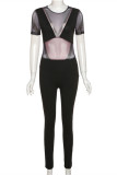 Black Fashion Sexy Patchwork See-through O Neck Skinny Jumpsuits