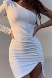 Pink Sexy Solid Patchwork One Shoulder Pencil Skirt Dresses