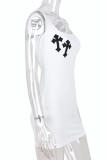 White Sexy Print Patchwork U Neck One Step Skirt Dresses