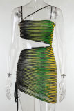 Green Fashion Sexy Print Hollowed Out Backless Spaghetti Strap Sleeveless Dress Dresses