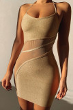 Gold Sexy Solid Patchwork See-through Backless Halter One Step Skirt Dresses