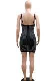 White Sexy Solid Hollowed Out Patchwork Hot Drill Spaghetti Strap Pencil Skirt Dresses