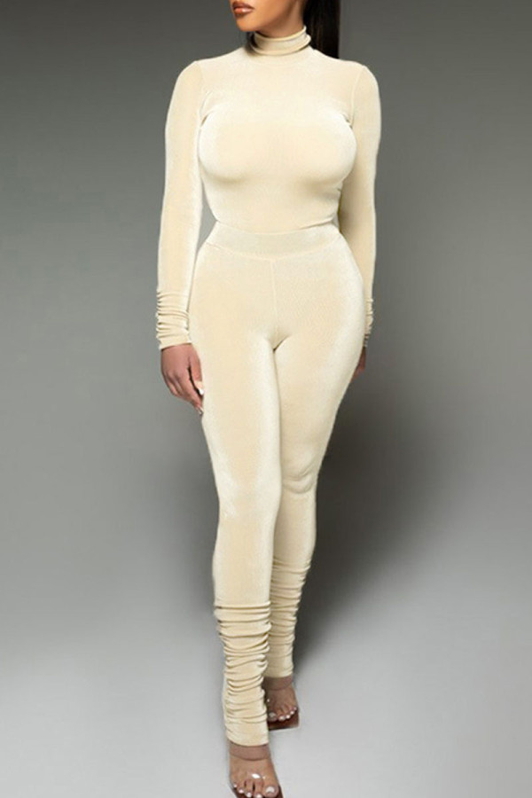 Apricot Fashion Casual Solid Basic Turtleneck Long Sleeve Two Pieces