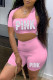 Pink Sexy Casual Letter Print Hollowed Out Short Sleeve Two Pieces
