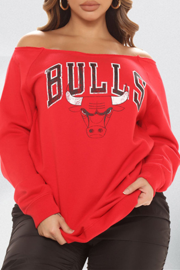 Red Fashion Casual Print Basic Off the Shoulder Tops