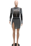 Black Solid Patchwork See-through Slit Hot Drill O Neck One Step Skirt Dresses