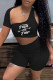 Black Fashion Sexy Print Hollowed Out Short Sleeve Two Pieces