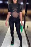 Black Fashion Sexy Patchwork See-through O Neck Skinny Jumpsuits