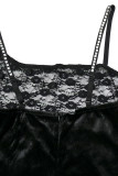 Black Sexy Solid Patchwork See-through Hot Drill Spaghetti Strap One Step Skirt Dresses