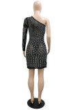 Orange Fashion Sexy Patchwork Hot Drilling See-through Oblique Collar Long Sleeve Dresses