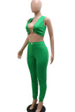 Green Sexy Solid Patchwork V Neck Sleeveless Two Pieces