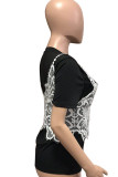 Black Casual Print Patchwork O Neck T-Shirts(Two Pieces)