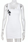 White Sexy Print Patchwork U Neck One Step Skirt Dresses