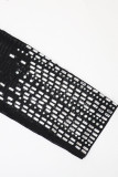 Black Solid Patchwork See-through Slit Hot Drill O Neck One Step Skirt Dresses