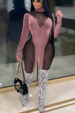 Pink Sexy Solid Patchwork See-through O Neck Regular Jumpsuits