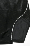 Black Sexy Solid Patchwork See-through Hot Drill Spaghetti Strap One Step Skirt Dresses