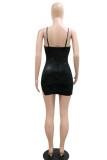 Black Sexy Solid Patchwork See-through Hot Drill Spaghetti Strap One Step Skirt Dresses