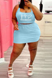 Light Blue Sexy Casual Print Basic U Neck Plus Size Two Pieces