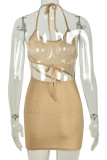 Gold Sexy Solid Patchwork See-through Backless Halter One Step Skirt Dresses