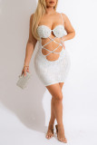 White Sexy Solid Hollowed Out Patchwork Hot Drill Spaghetti Strap Pencil Skirt Dresses