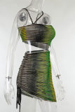 Green Fashion Sexy Print Hollowed Out Backless Spaghetti Strap Sleeveless Dress Dresses