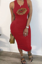 Red Sexy Casual Lips Printed Hollowed Out U Neck Vest Dress