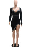 White Sexy Solid Patchwork Asymmetrical Hot Drill V Neck One Step Skirt Dresses