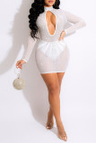 White Sexy Solid Hollowed Out Patchwork Hot Drill O Neck One Step Skirt Dresses