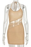 Gold Sexy Solid Patchwork See-through Backless Halter One Step Skirt Dresses