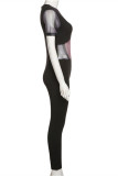 Black Fashion Sexy Patchwork See-through O Neck Skinny Jumpsuits