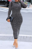 Pink Fashion Sexy Patchwork Hot Drilling Hollowed Out See-through Half A Turtleneck Plus Size Dresses