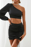 Black Sexy Solid Patchwork Draw String Fold Asymmetrical Oblique Collar Long Sleeve Two Pieces