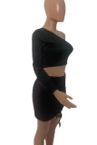 Black Sexy Solid Patchwork Draw String Fold Asymmetrical Oblique Collar Long Sleeve Two Pieces