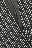Black Solid Patchwork See-through Slit Hot Drill O Neck One Step Skirt Dresses