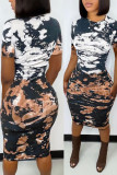 Black Brown Casual Print Split Joint O Neck One Step Skirt Dresses