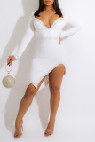 White Sexy Solid Patchwork Asymmetrical Hot Drill V Neck One Step Skirt Dresses