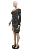 Orange Fashion Sexy Patchwork Hot Drilling See-through Oblique Collar Long Sleeve Dresses