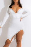 White Sexy Solid Patchwork Asymmetrical Hot Drill V Neck One Step Skirt Dresses