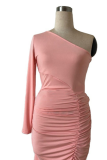 Pink Sexy Solid Patchwork One Shoulder Pencil Skirt Dresses