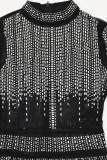 Black Solid Patchwork See-through Slit Hot Drill O Neck One Step Skirt Dresses