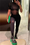 Black Fashion Sexy Patchwork See-through O Neck Skinny Jumpsuits